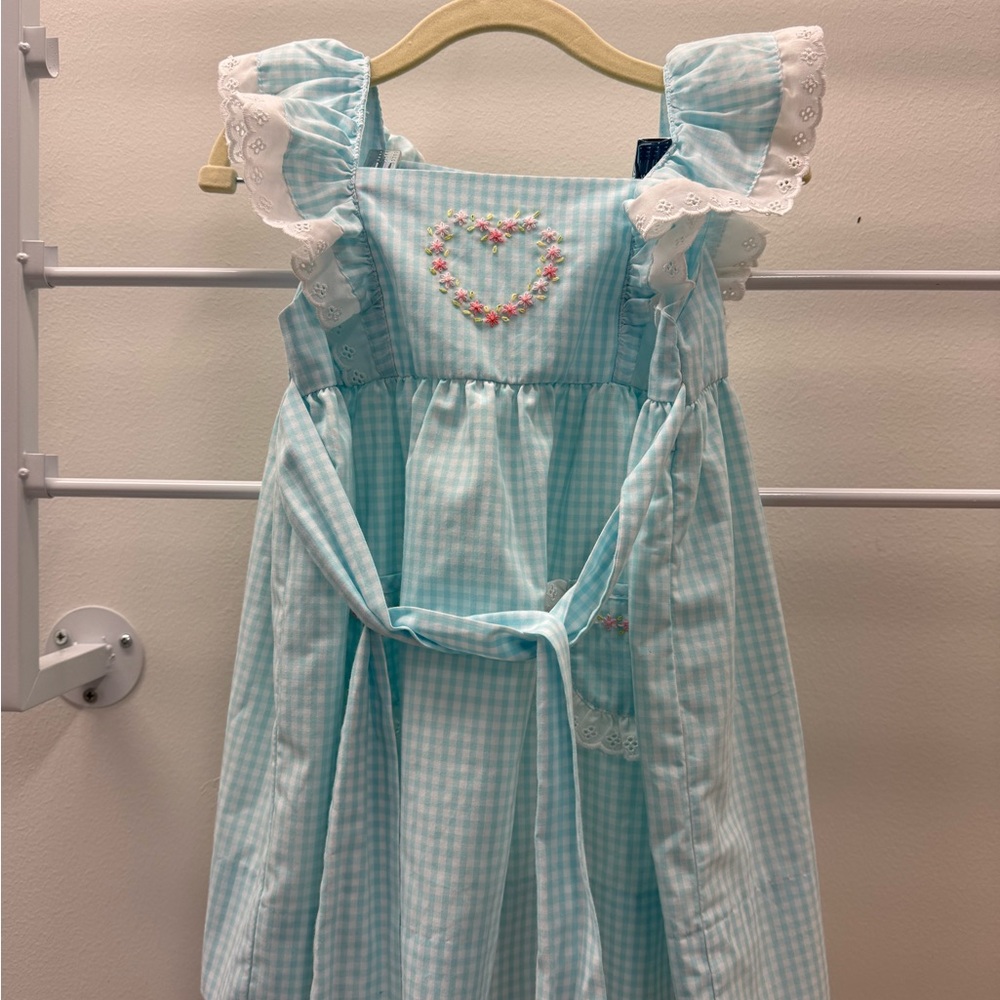 3T Blue Gingham Dress with Embroidered Heart & Eyelet Ruffle Sleeves